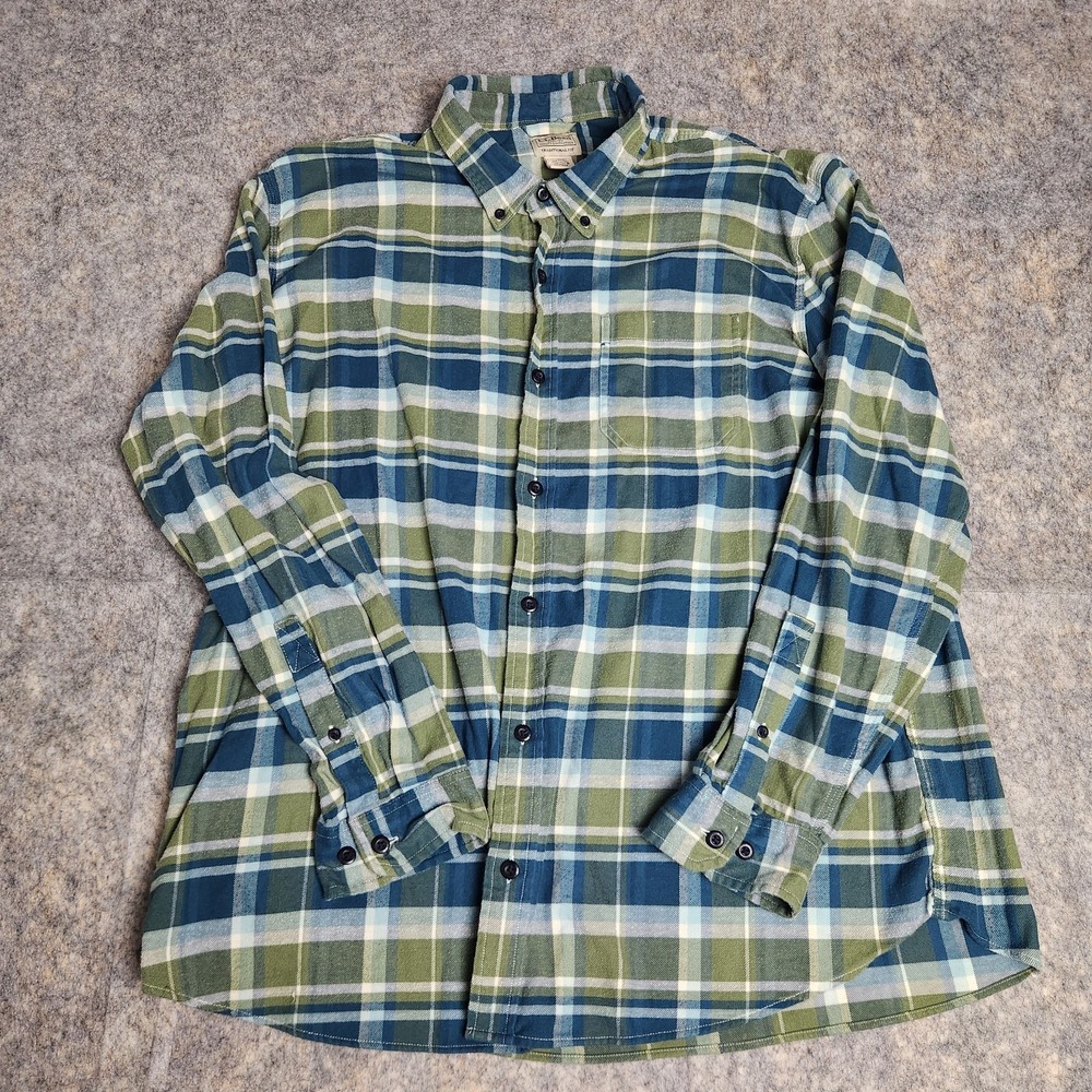 LL Bean Flannel Shirt Mens XL Slightly Fitted Blue Green Scotch Plaid Cotton